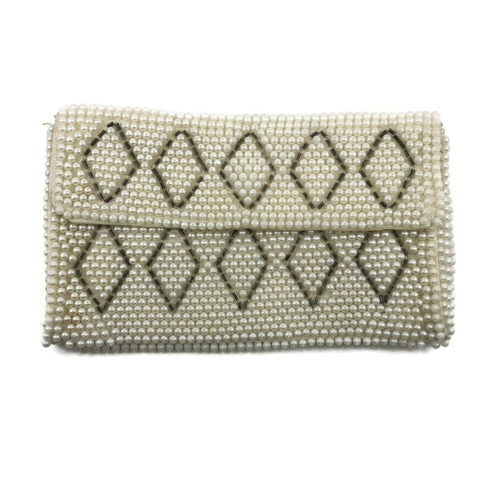 White Faux Pearl Bead Envelope Clutch